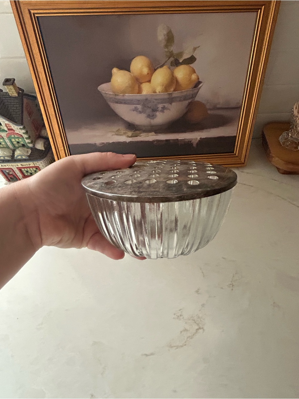 Vintage Glass Flower Frog Bowl Ribbed Floral Arranger Metal Lid 6”